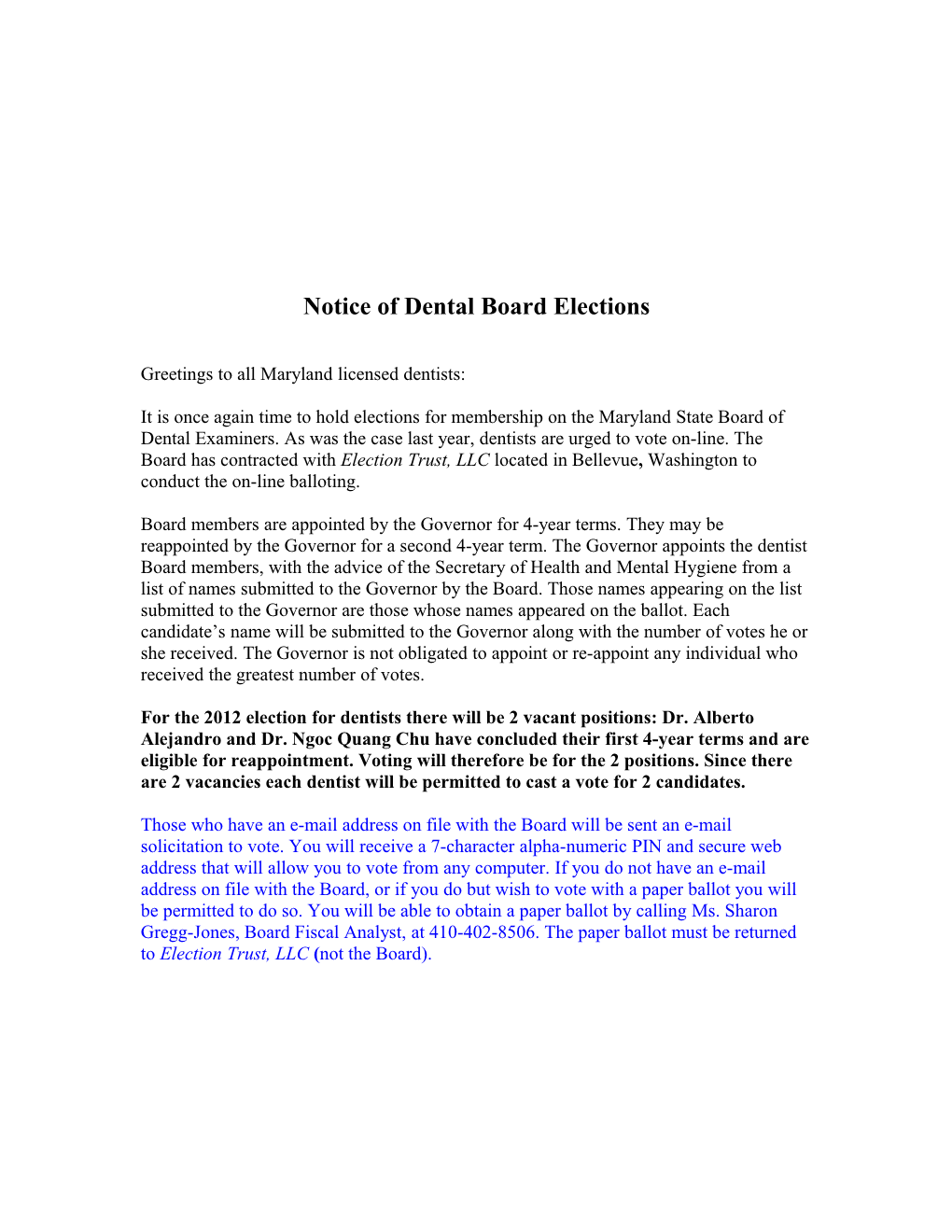 Notice of Dental Board Election