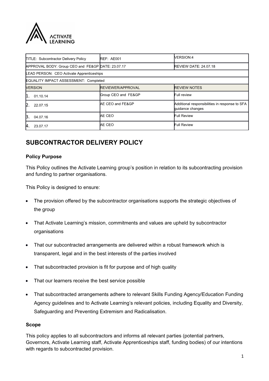 Subcontractor Delivery Policy