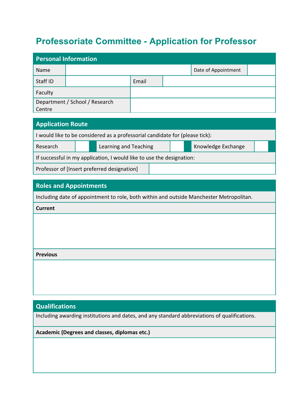 Professoriate Committee - Application for Professor