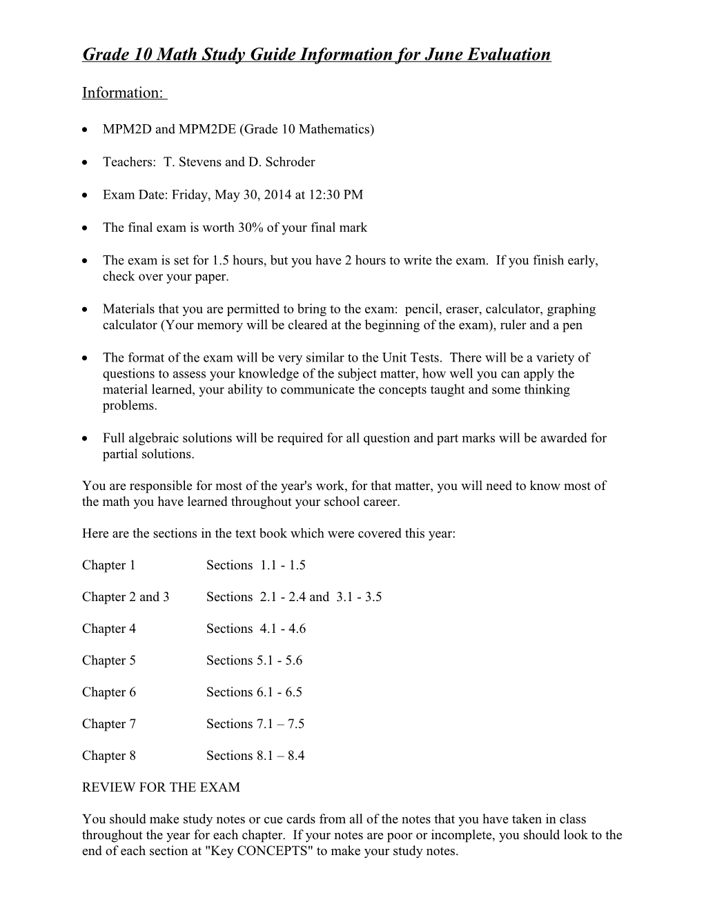 Grade 10 Math Study Guide Information for June Evaluation