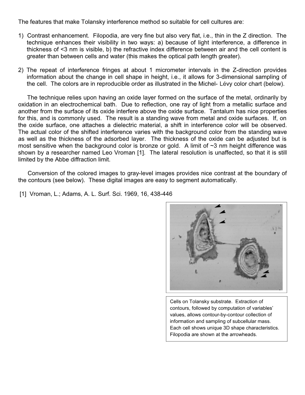 The Features That Make Tolansky Interference Method So Suitable for Cell Cultures Are