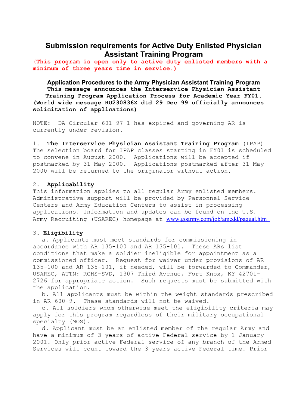 The Interservice Physician Assistant Training Program Overview and Application Process