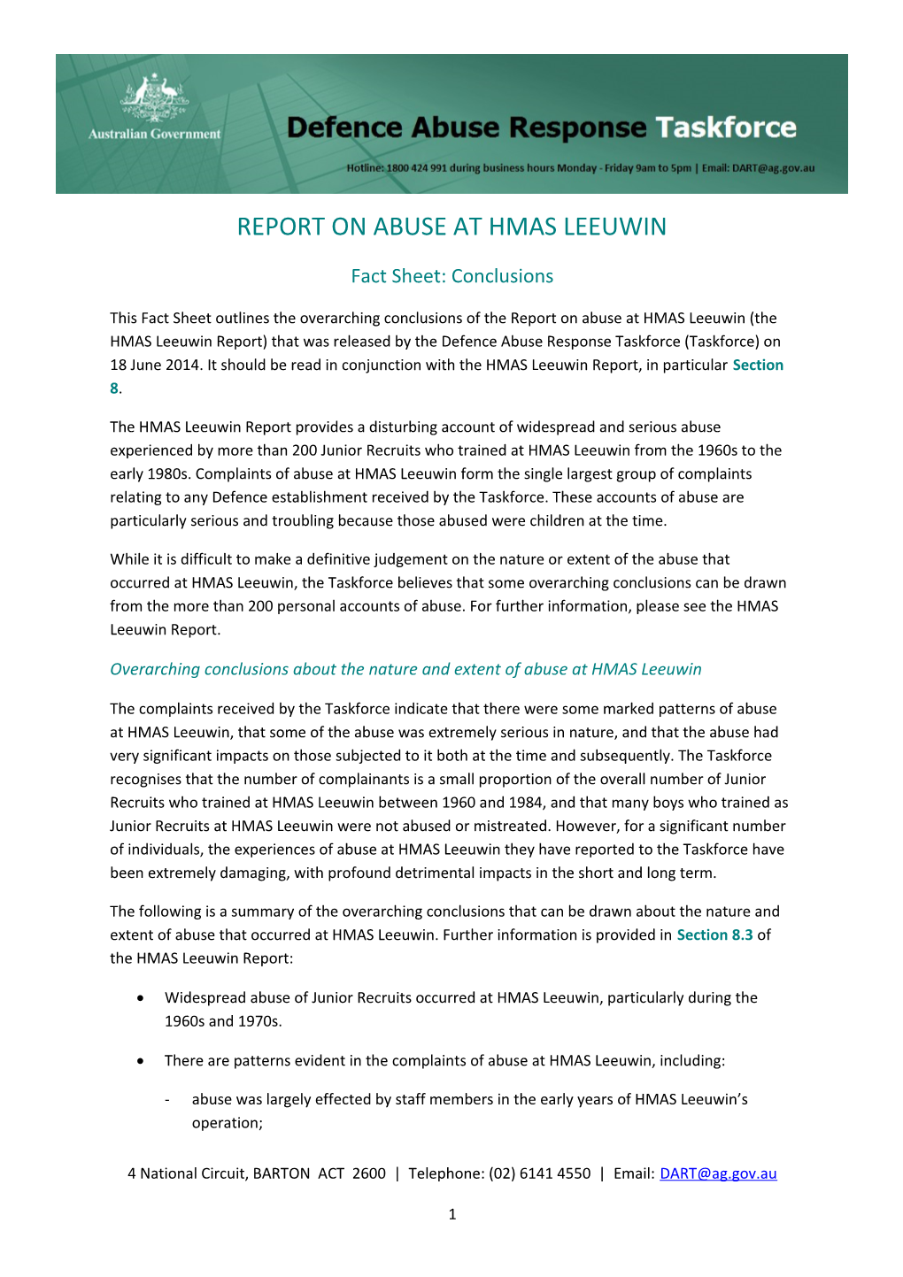 Summary of the Overarching Conclusions of the HMAS Leeuwin Report