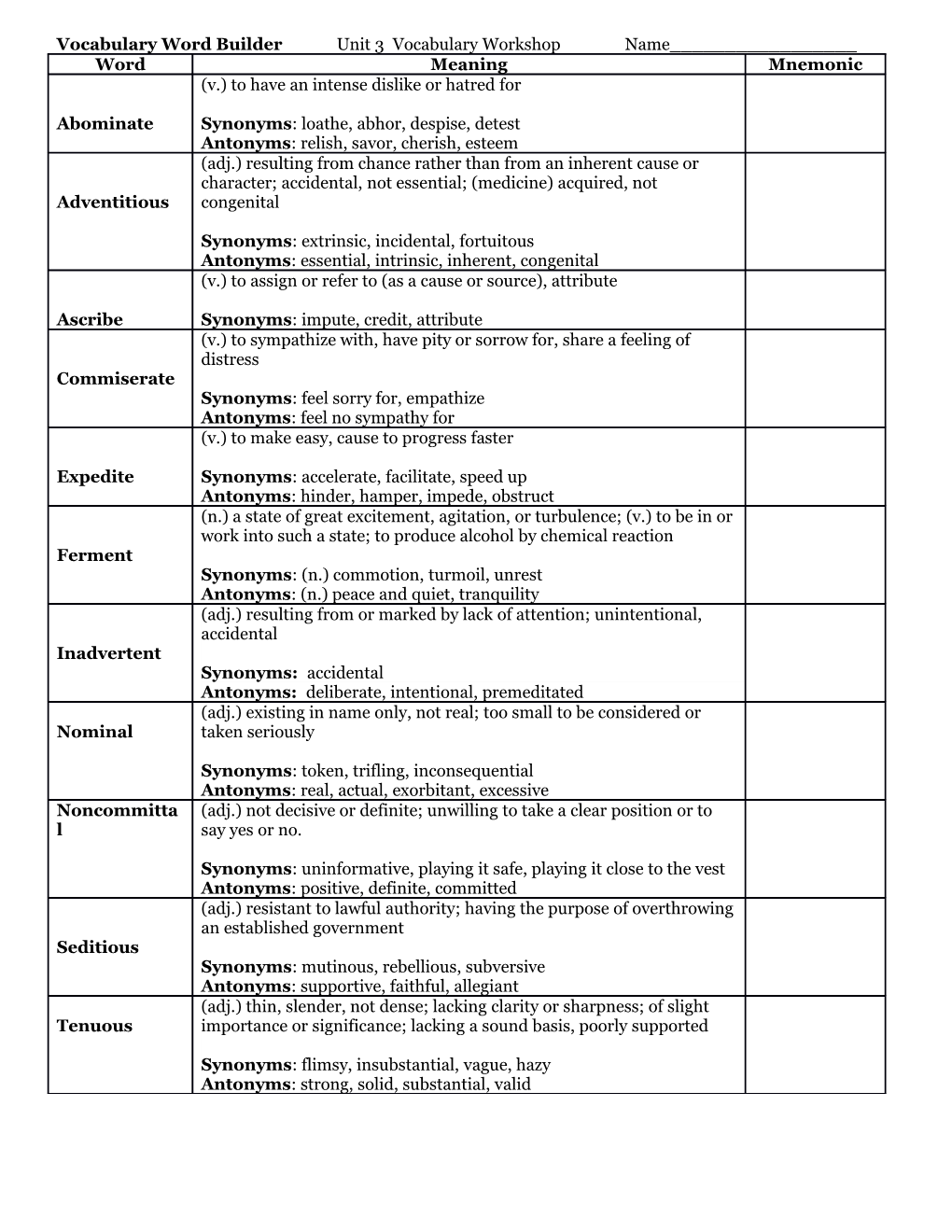 Vocabulary Word Builder Unit 3 Vocabulary Workshop Name______