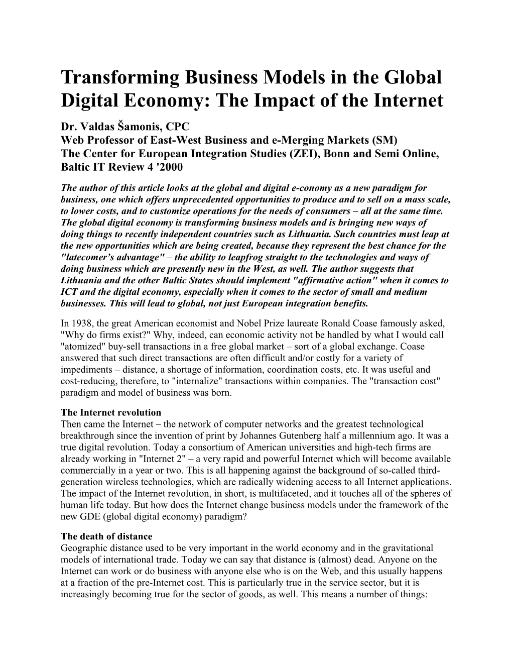 Transforming Business Models in the Global Digital Economy: the Impact of the Internet