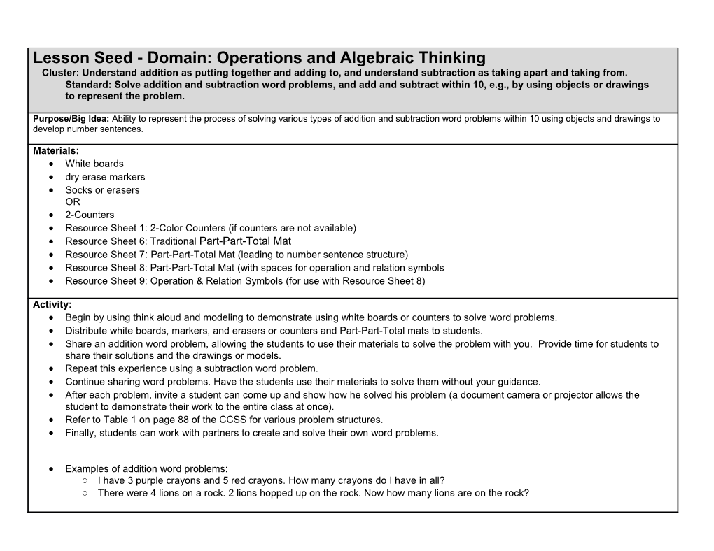 Kindergarten: Understand Addition As Putting Together and Adding To, and Understand Subtraction