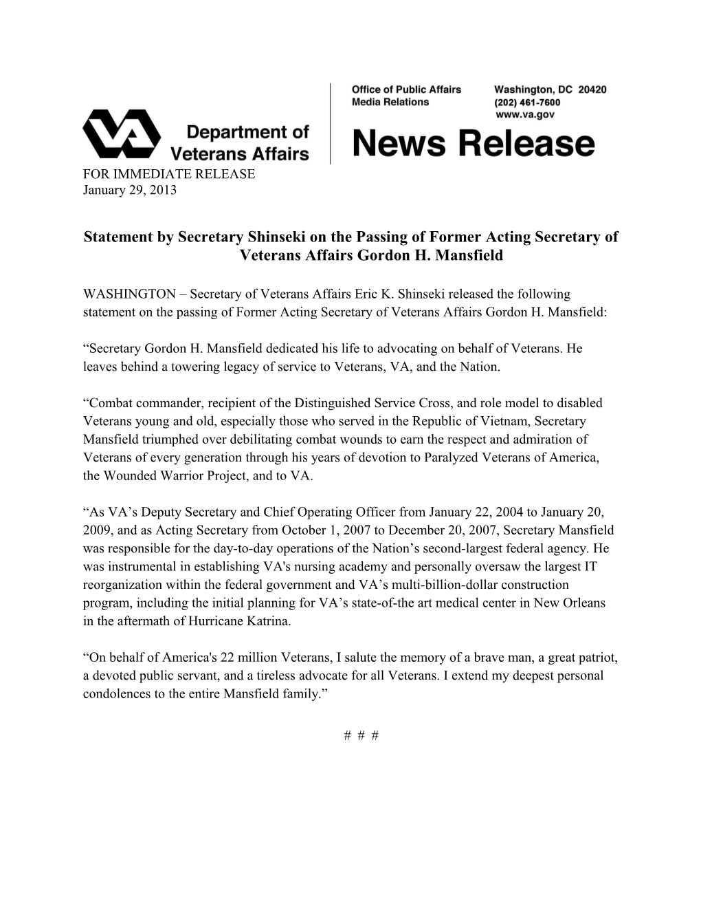 Statement by Secretary Shinseki on the Passing of Former Acting Secretary of Veterans Affairs