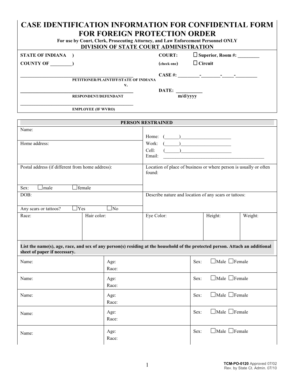 Confidential Data Entry Form For Foreign Protection Orders
