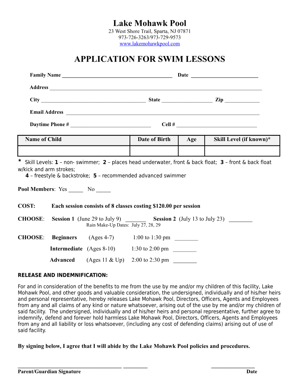 Application for Swim Lessons