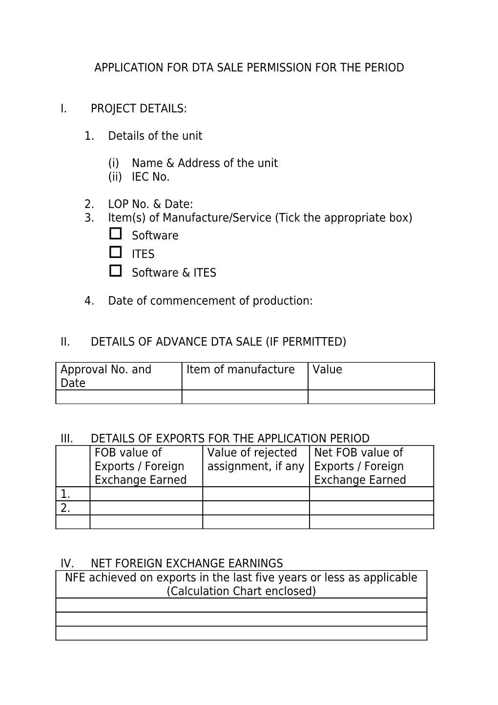 Application for Dta Sale Permission for the Period