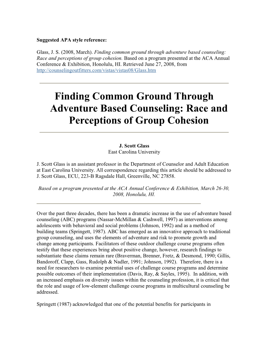 Finding Common Ground Through Adventure Based Counseling: Race and Perceptions of Group Cohesion