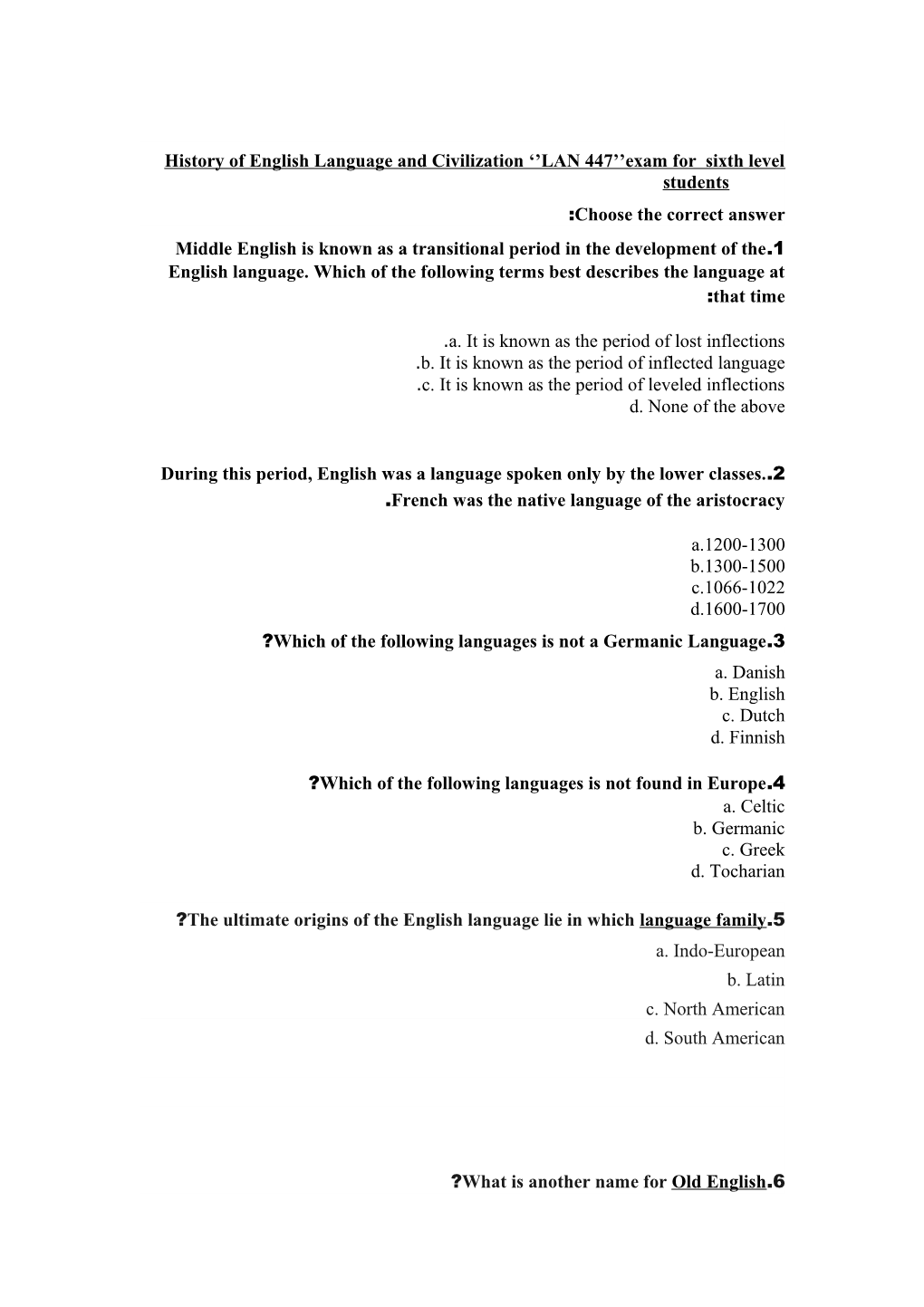 History of English Language and Civilization LAN 447 Exam for Sixth Level Students