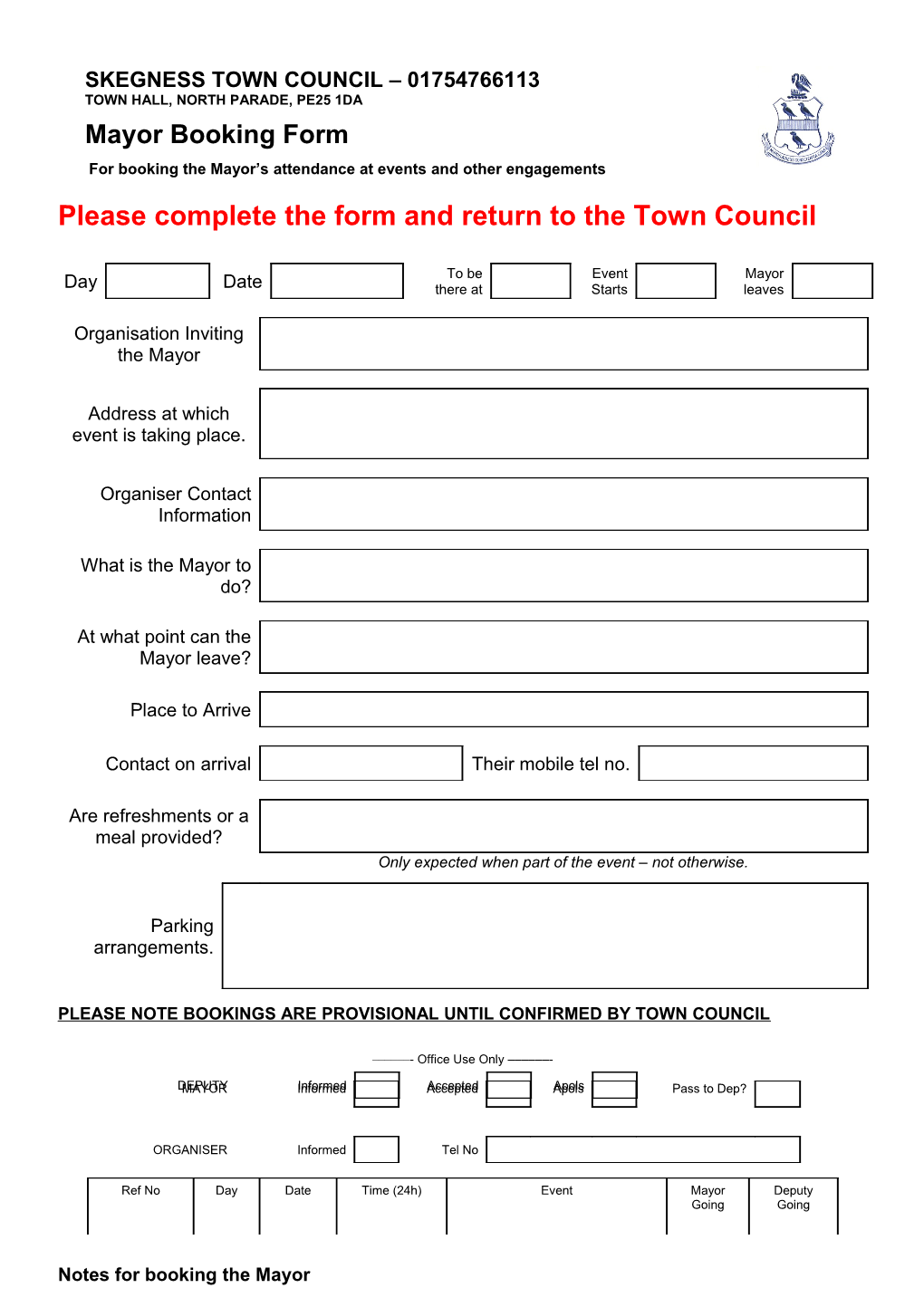 Please Complete the Form and Return to the Town Council
