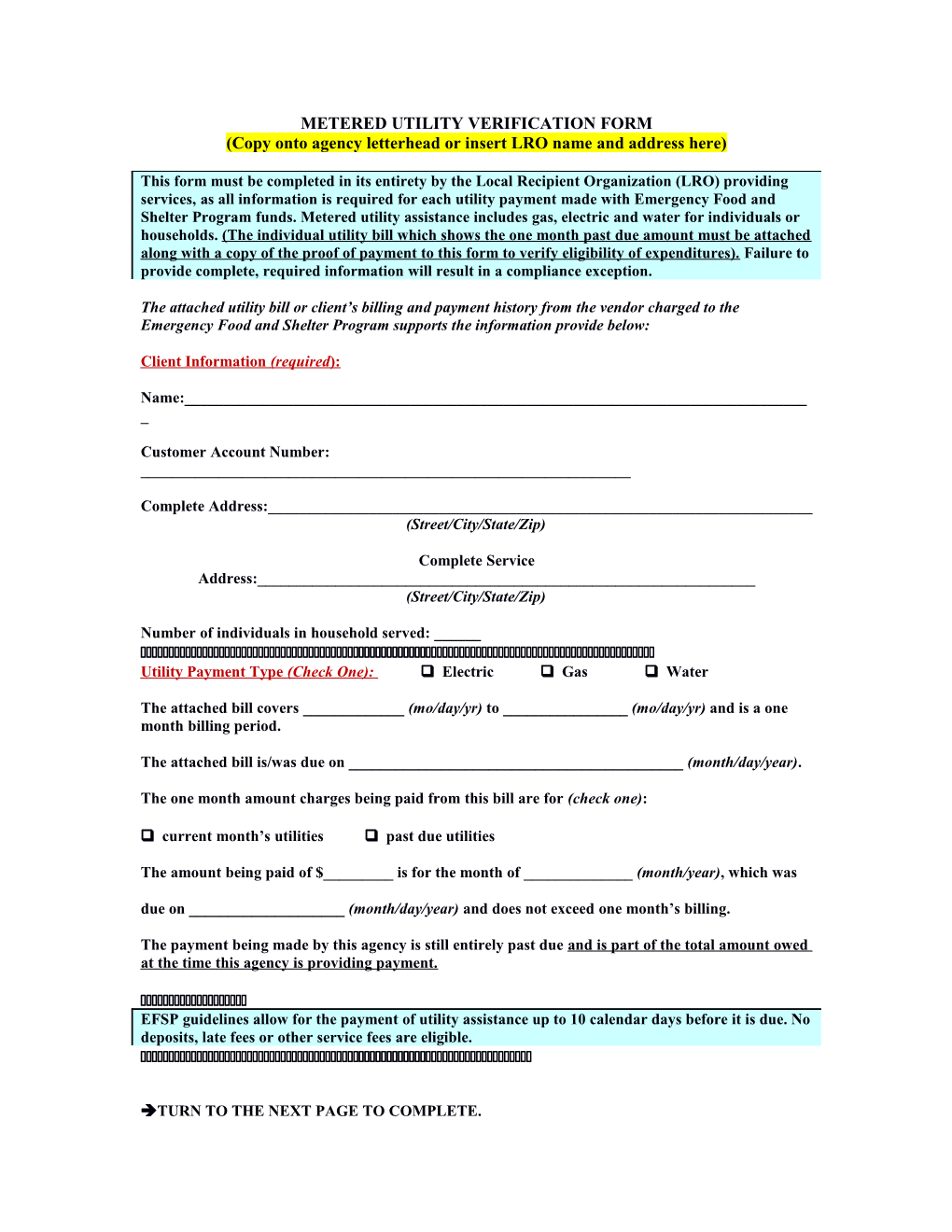 Metered Utility Verification Form