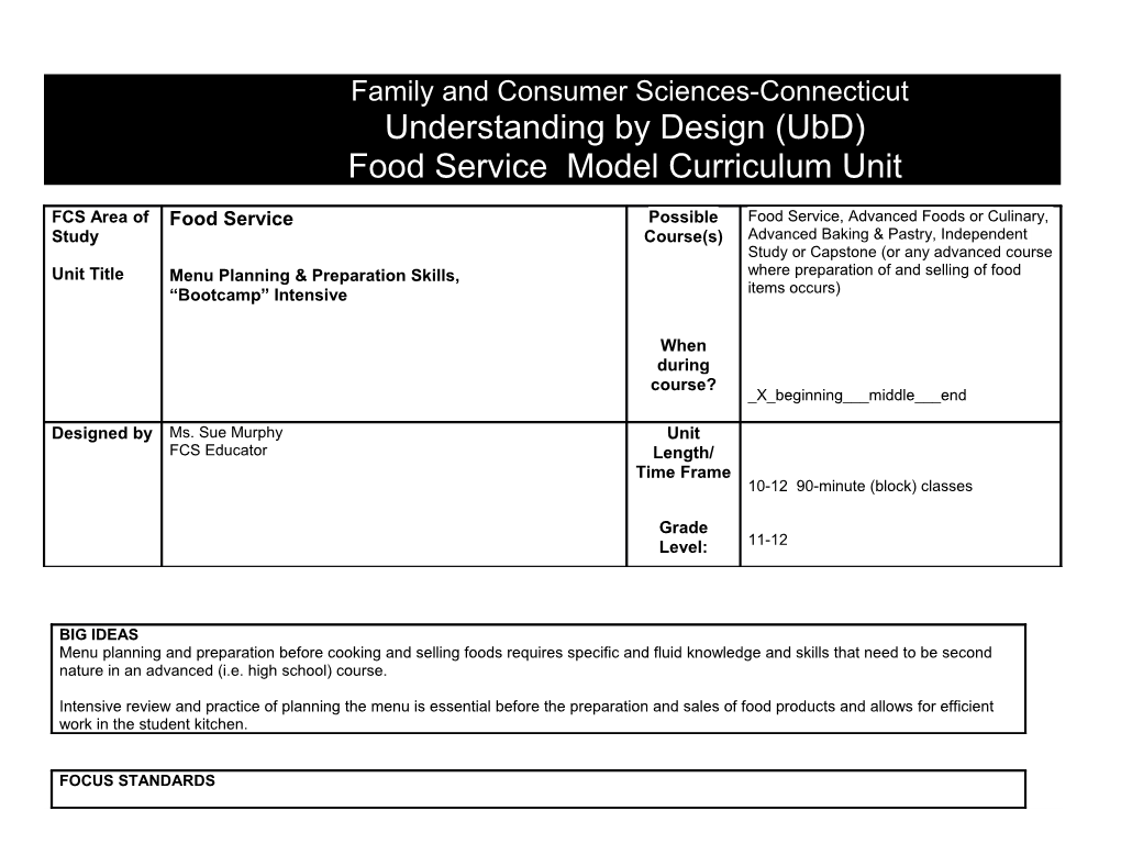 Family and Consumer Sciences-Connecticut Understanding by Design (Ubd) Food Service Model