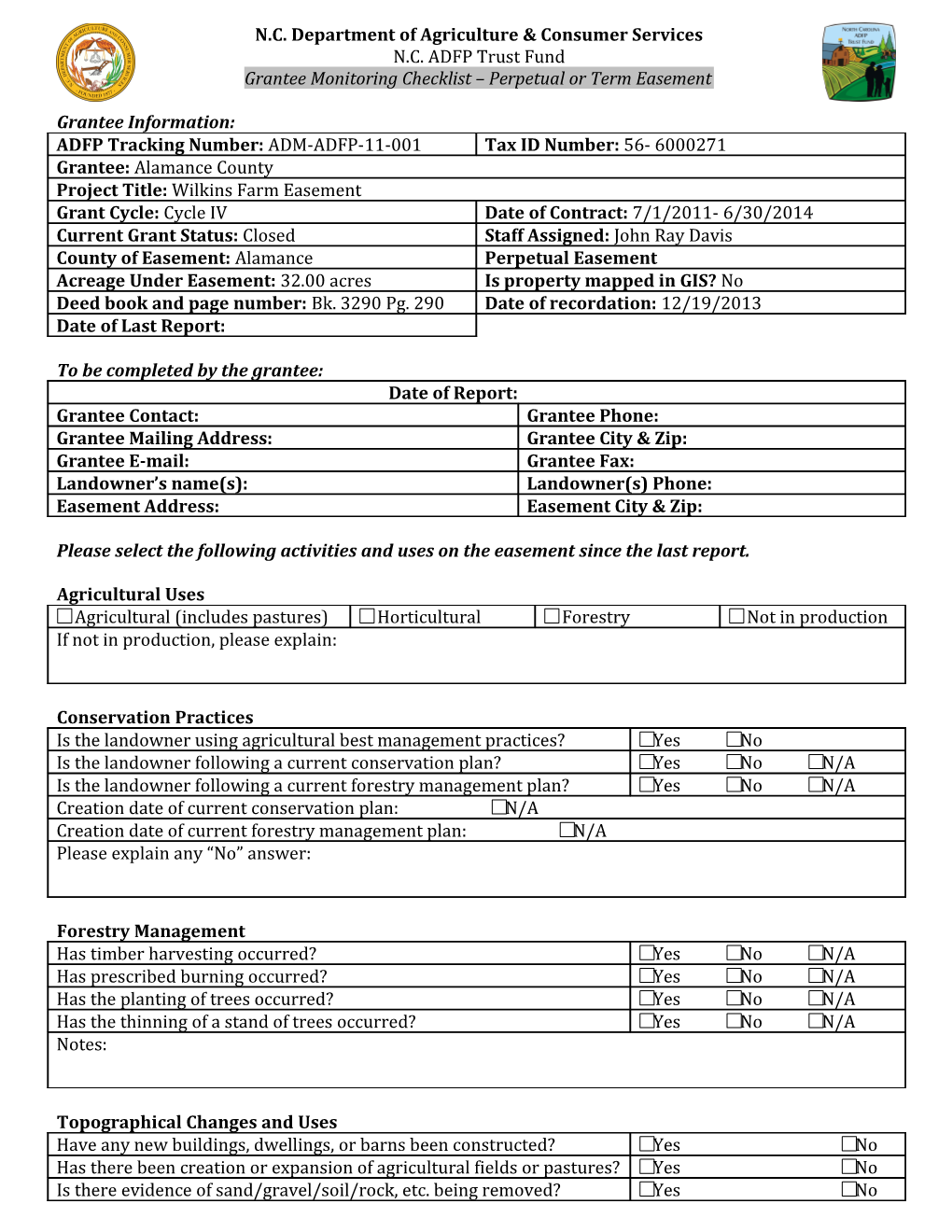 Grantee Monitoring Checklist Perpetual Or Term Easement