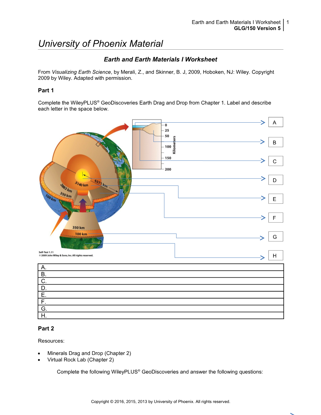 Earth and Earth Materials I Worksheet