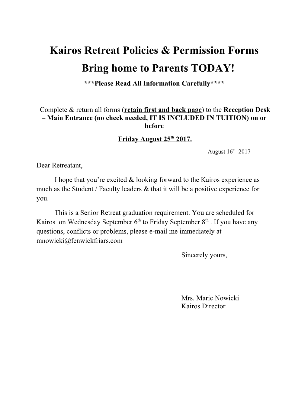 Kairos Retreat Policies & Permission Forms