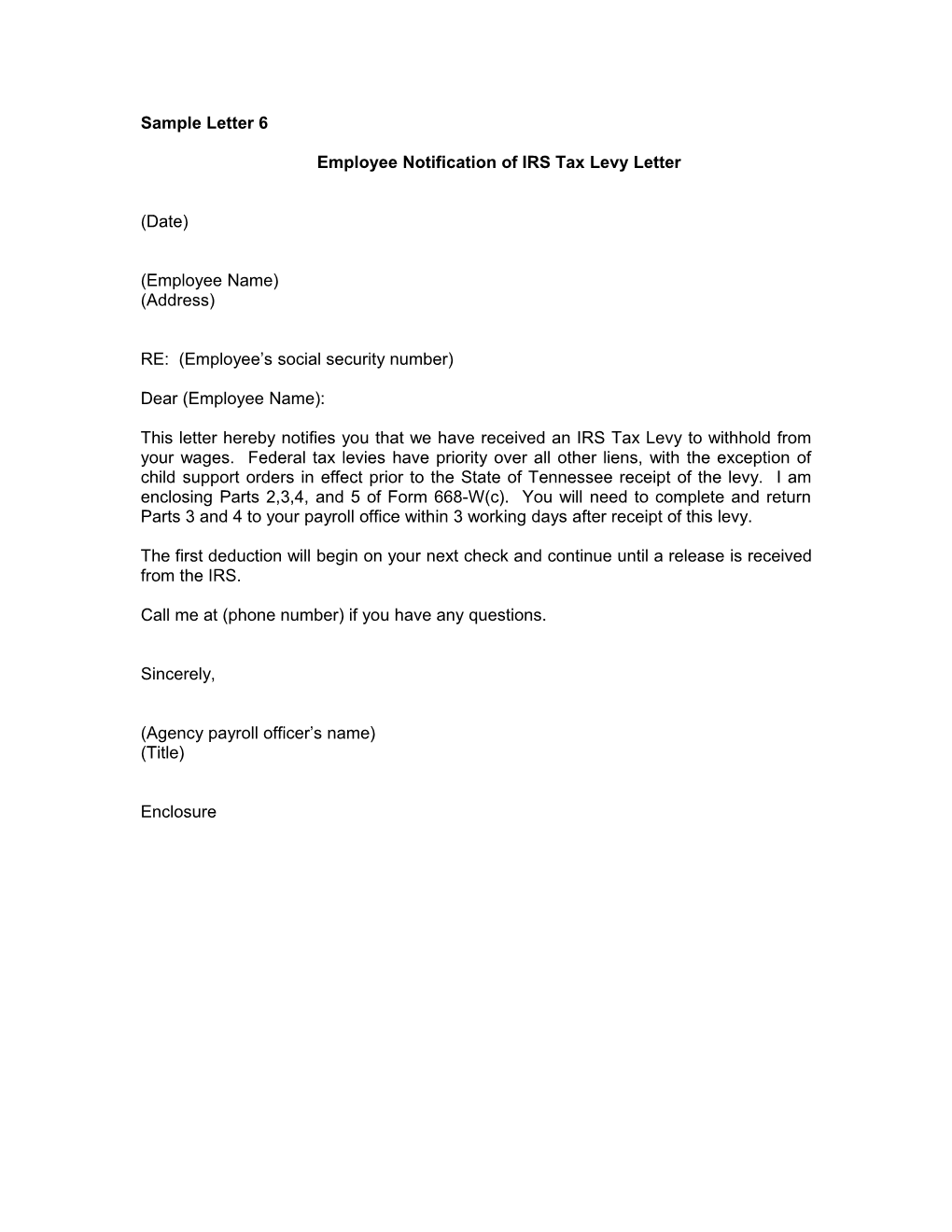Employee Notification of IRS Tax Levy Letter