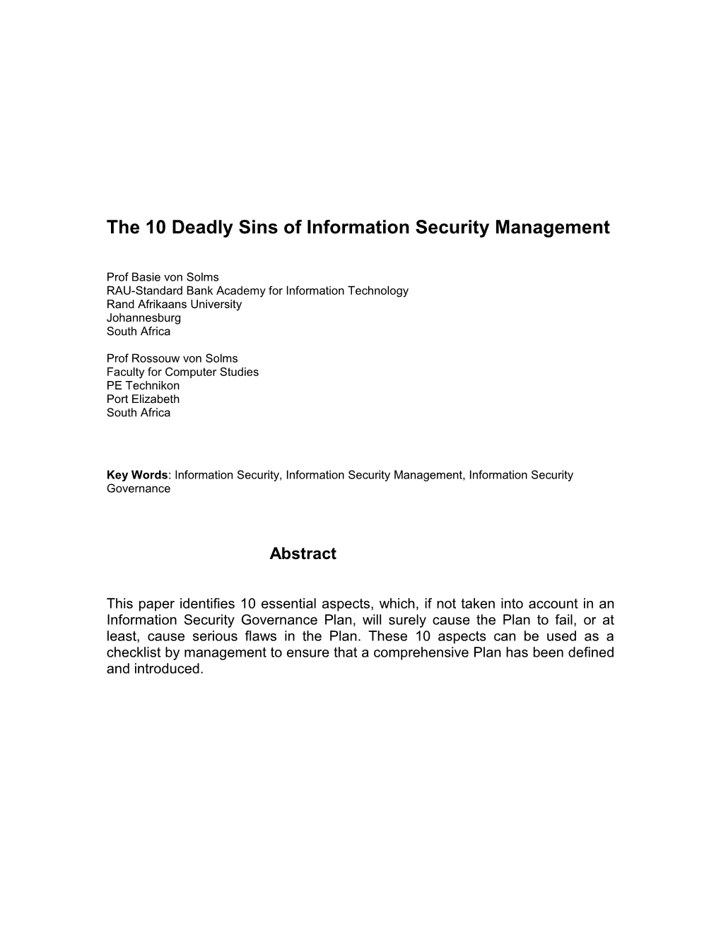 The 10 Deadly Sins of Information Security Management