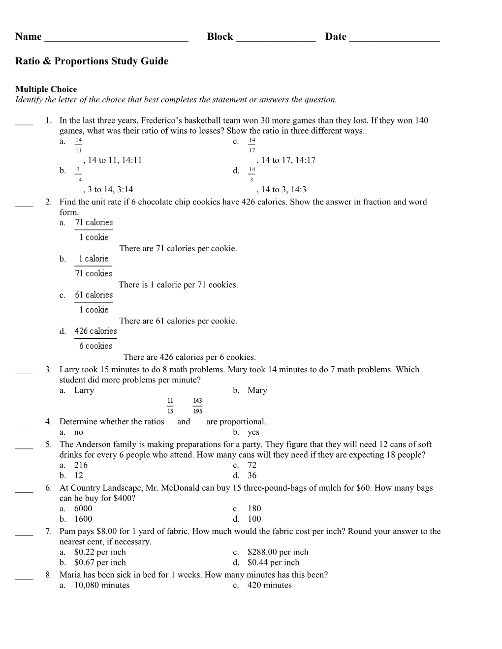 Ratio & Proportions Study Guide