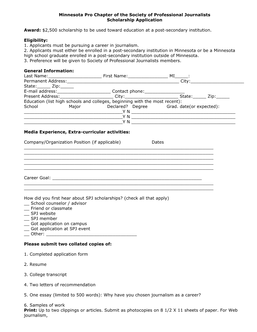 Minnesota Pro Chapter of the Society of Professional Journalists Scholarship Application