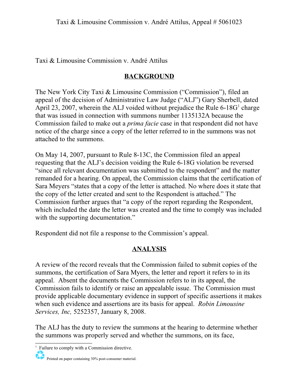 Taxi & Limousine Commission V. André Attilus, Appeal # 5061023