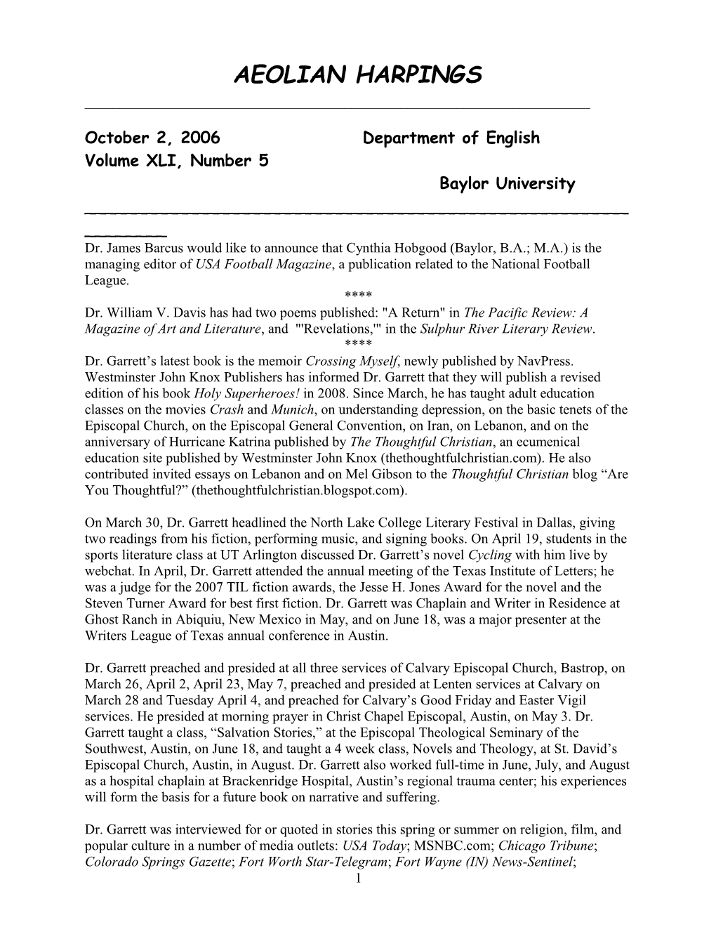 October 2, 2006 Department of English Volume XLI, Number 5