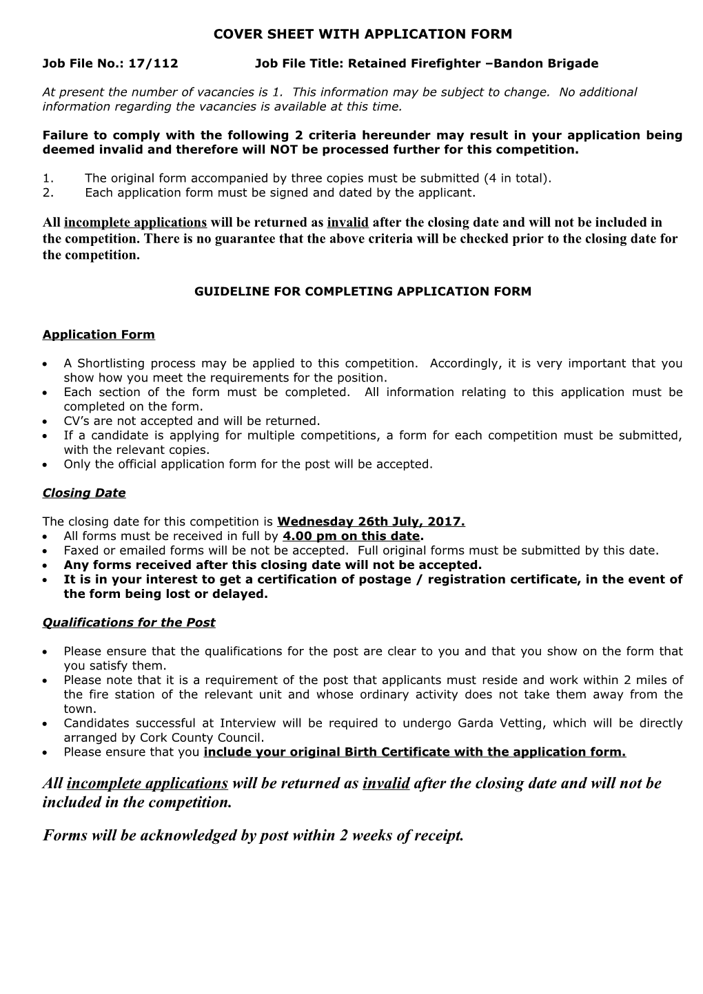 Cover Sheet with Application Form