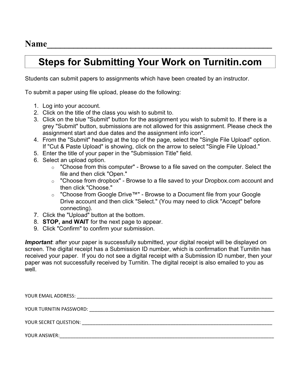 Steps for Submitting Your Work on Turnitin.Com