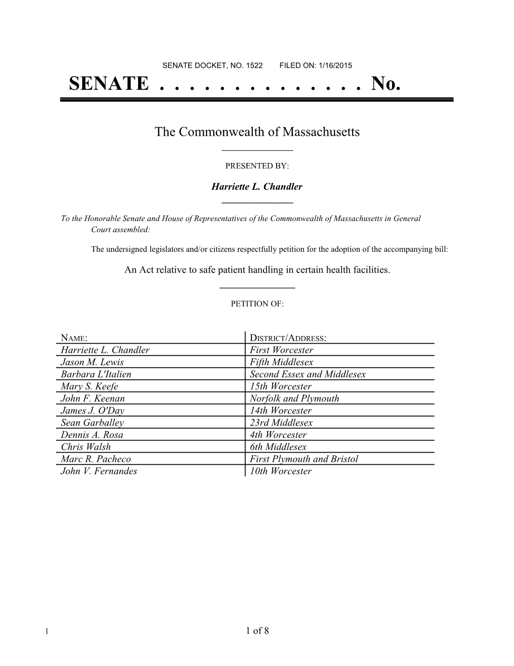 Senate Docket, No. 1522 Filed On: 1/16/2015