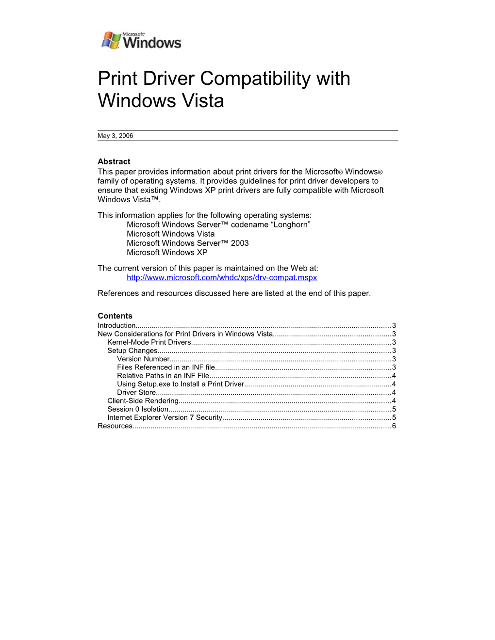 Print Driver Compatibility with Windows Vista