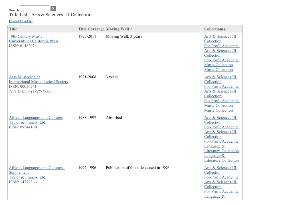 Title List - Arts & Sciences III Collection