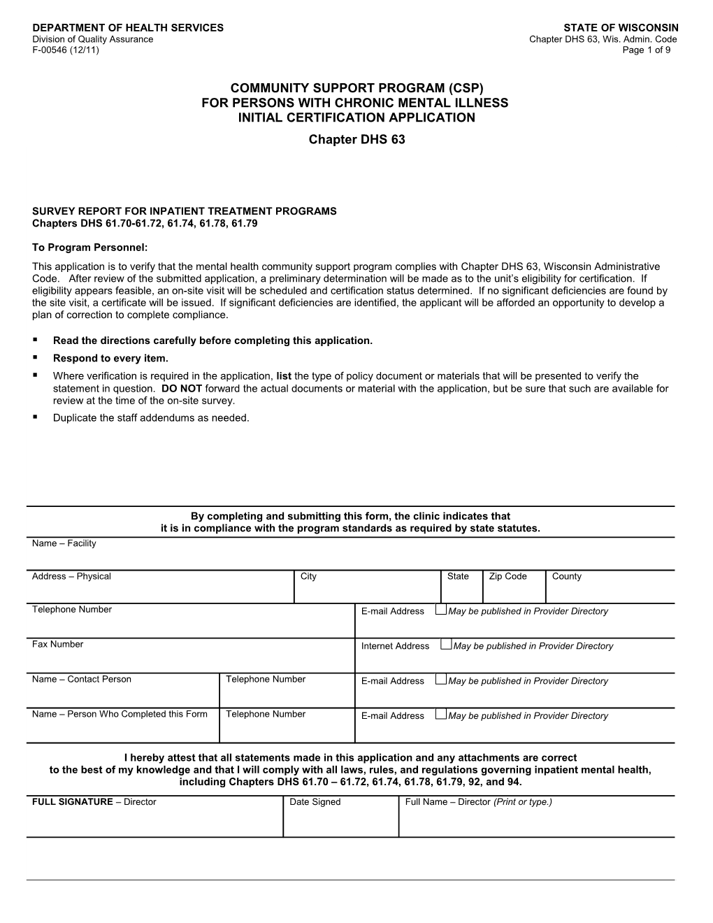 CSP for Persons with Chronic Mental Illness Initial Certification Application-DHS 63, F-00546