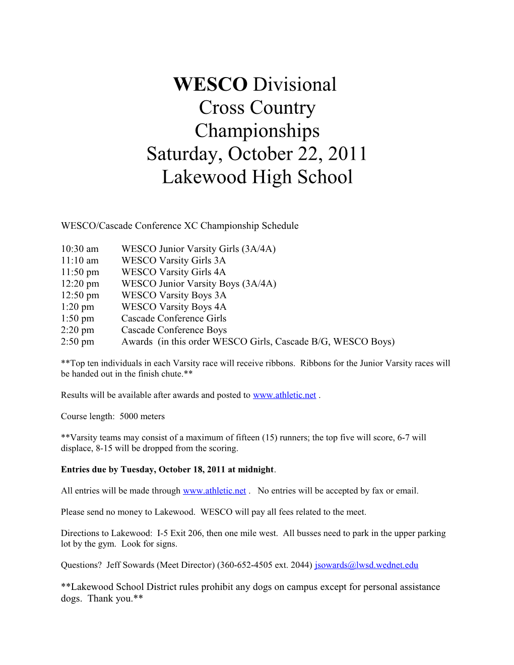 WESCO/Cascade Conference XC Championship Schedule