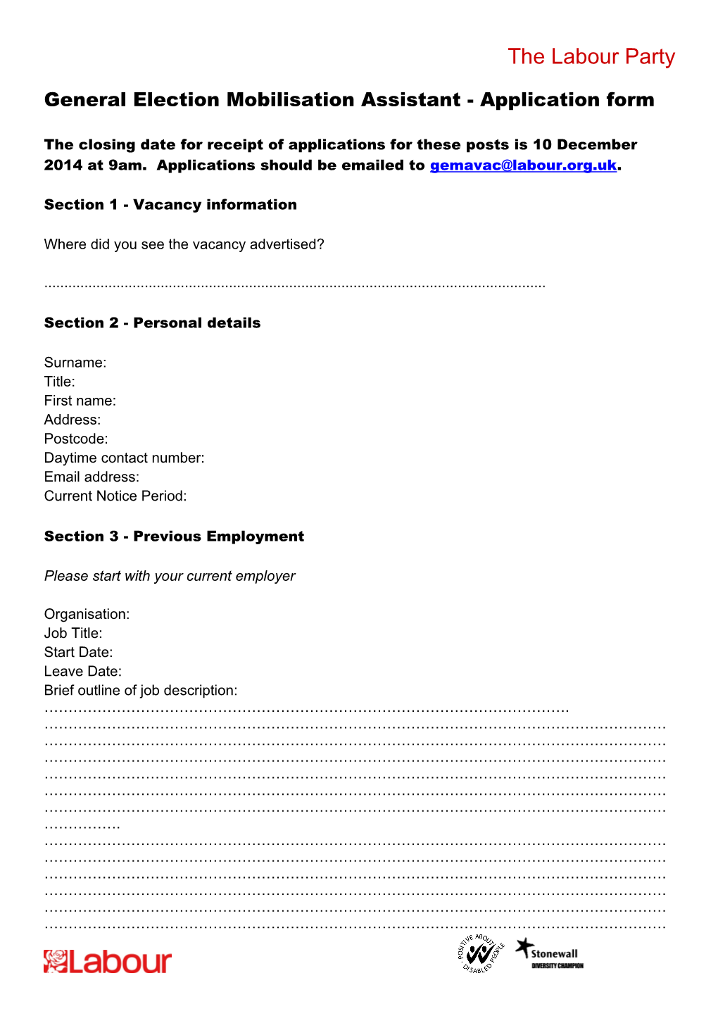 General Election Mobilisation Assistant - Application Form