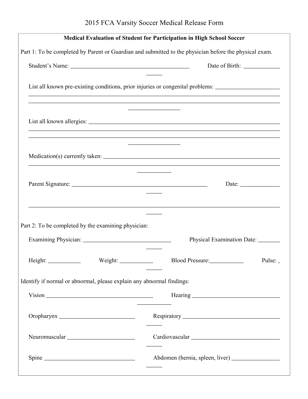 2011 FCA Strikers Varsity Soccer Medical Release Form