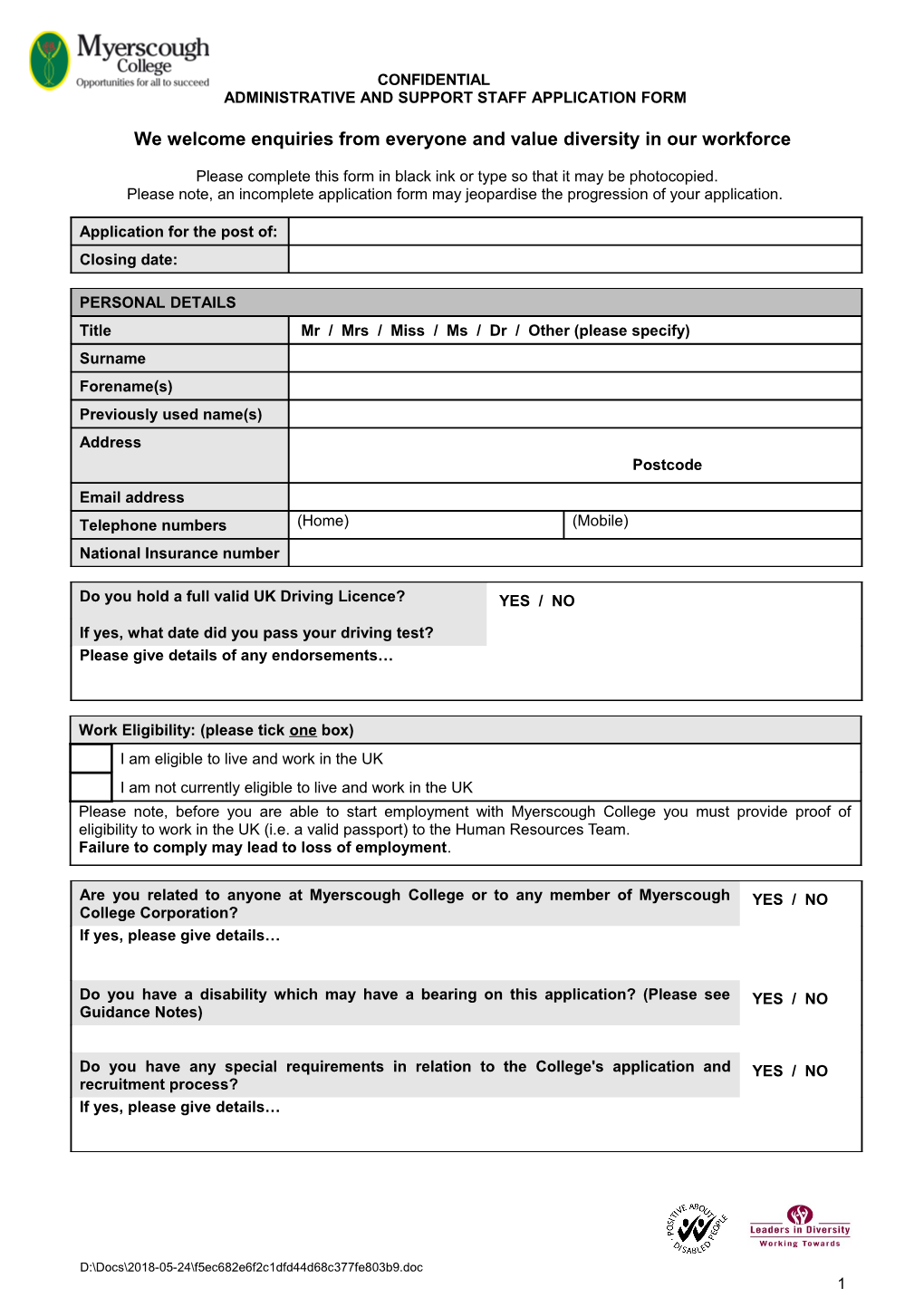 Administrative and Support Staff Application Form