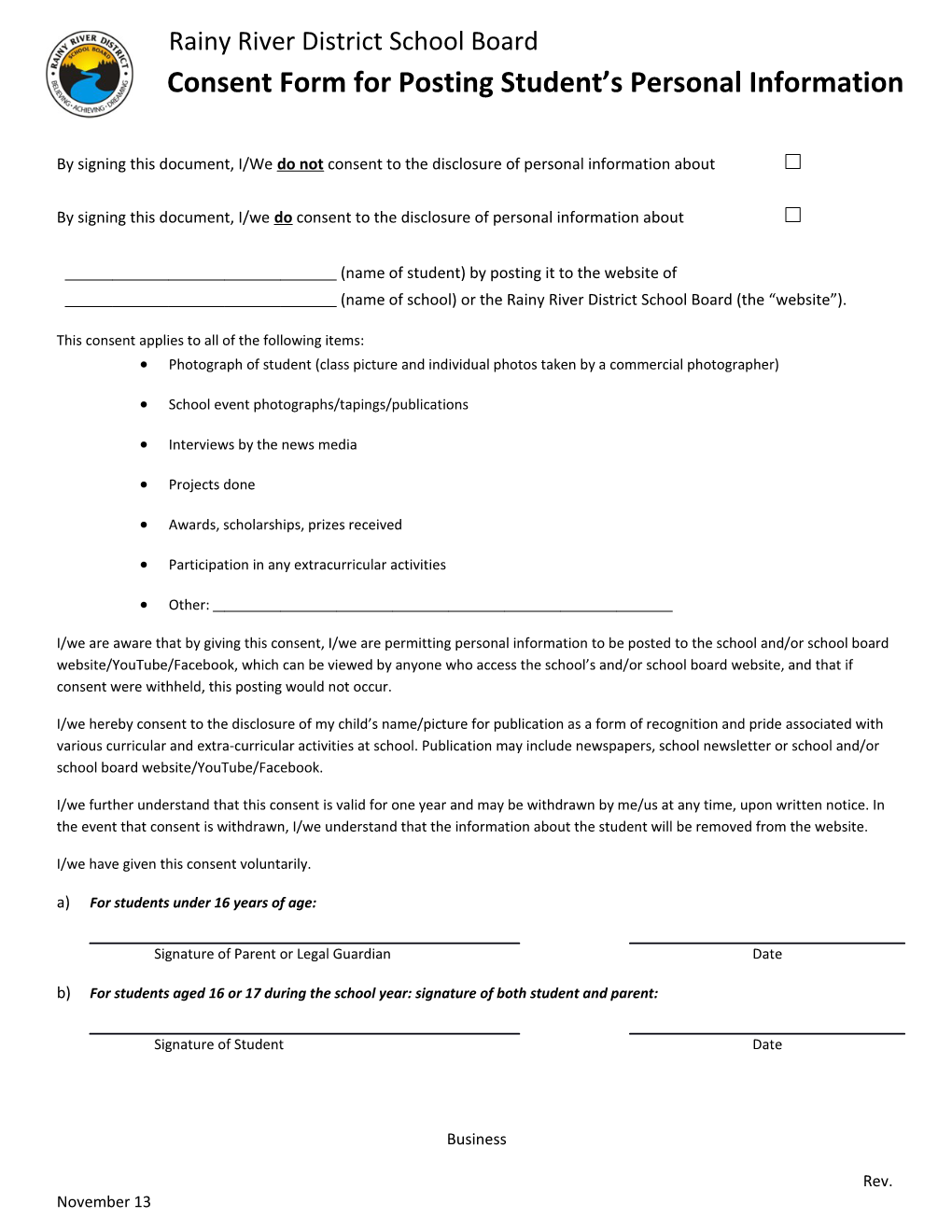Consent Form for Posting Student S Personal Information