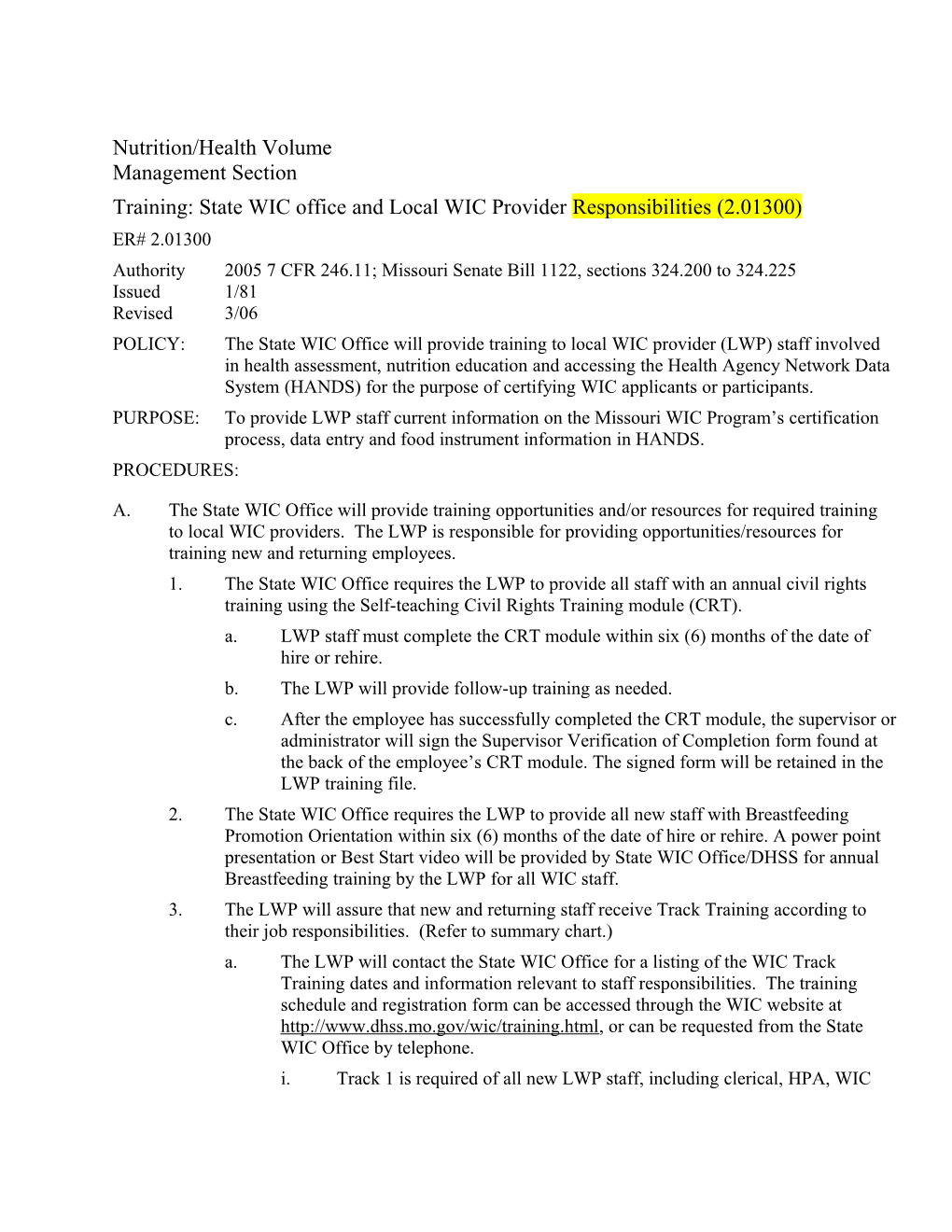 Training: State WIC Office and Local WIC Provider Responsibilities (2.01300)