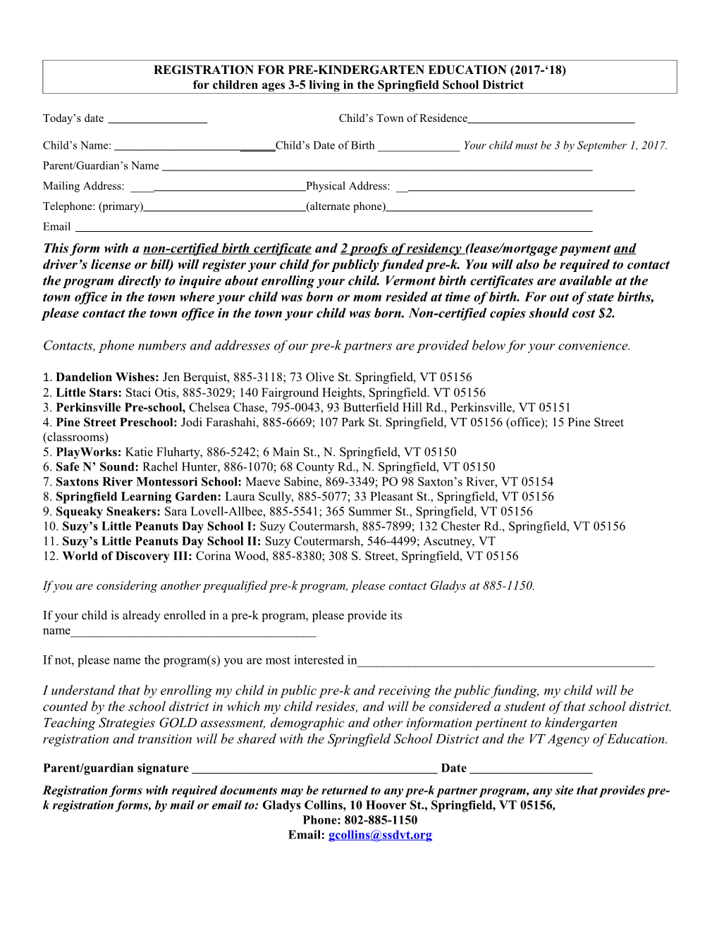 Registration for Pre-Kindergarten Education (2017- 18)