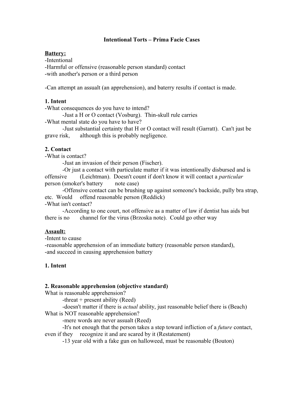 Intentional Torts Prima Facie Cases