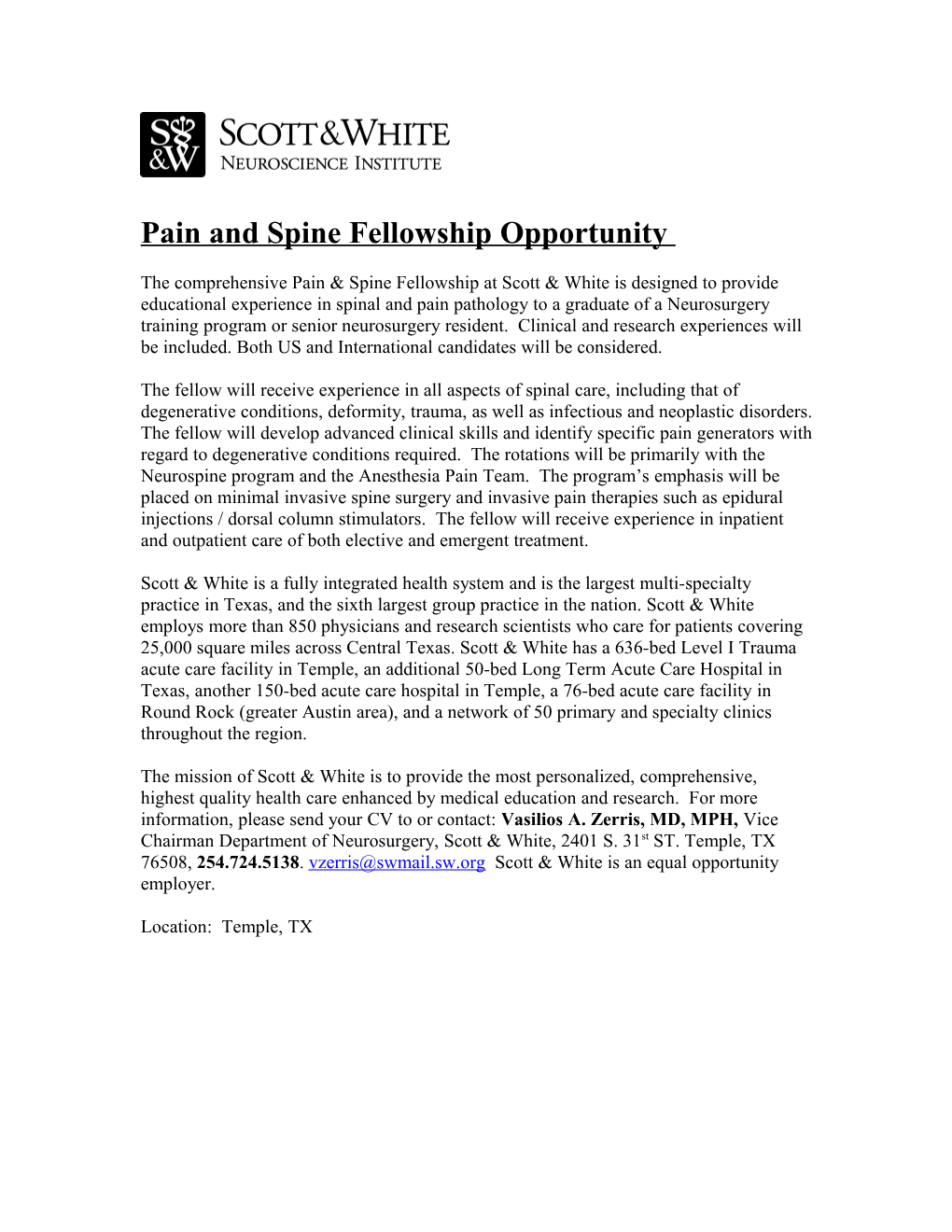 Pain and Spine Fellowship Opportunity