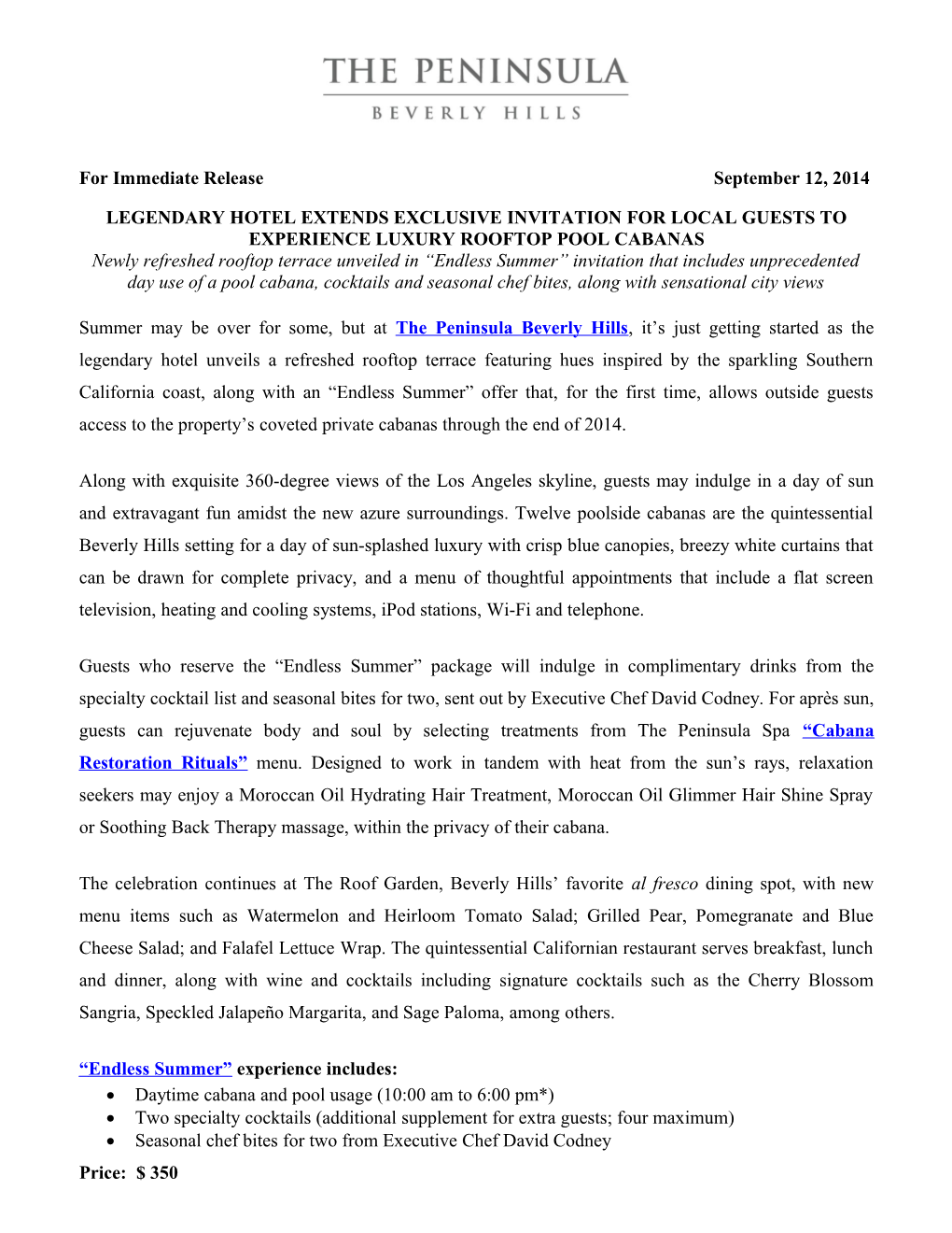 For Immediate Release September 12, 2014