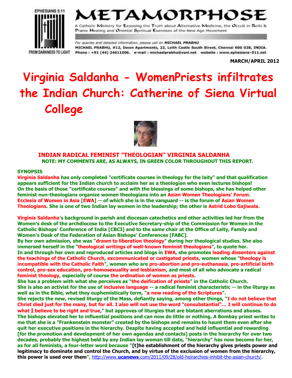Virginia Saldanha - Womenpriests Infiltrates the Indian Church: Catherine of Siena Virtual