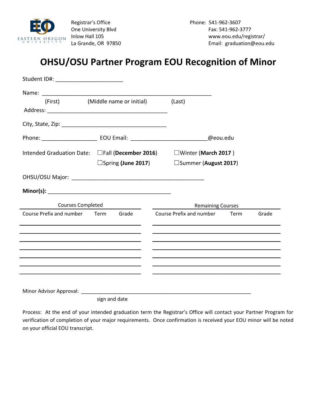 OHSU/OSU Partner Program EOU Recognition of Minor