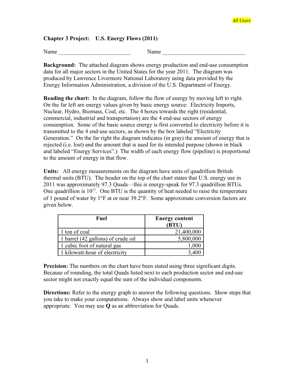 Chapter 3 Project: U.S. Energy Flows (2011)