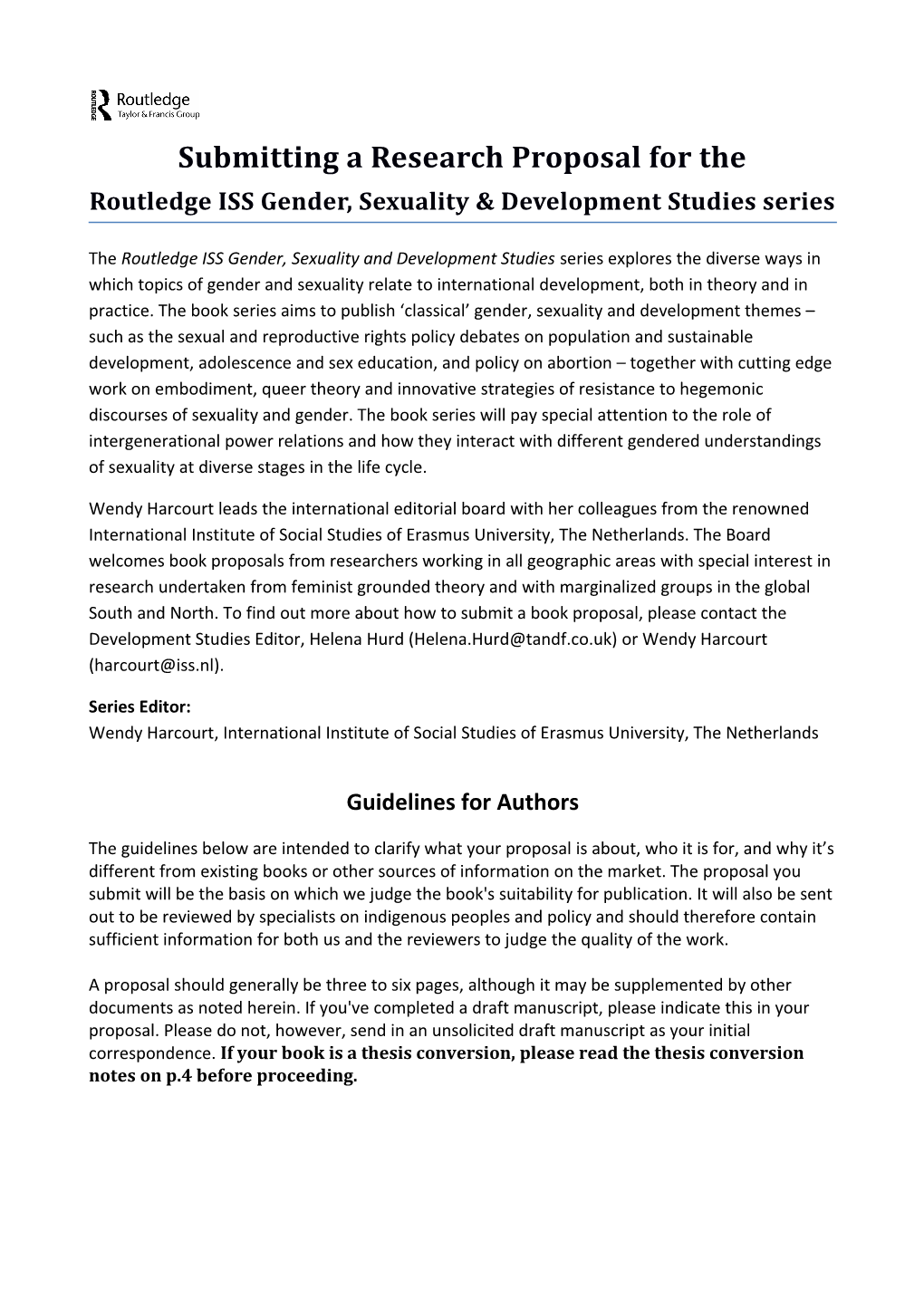 Submitting a Research Proposal for the Routledge ISS Gender, Sexuality & Development Studies
