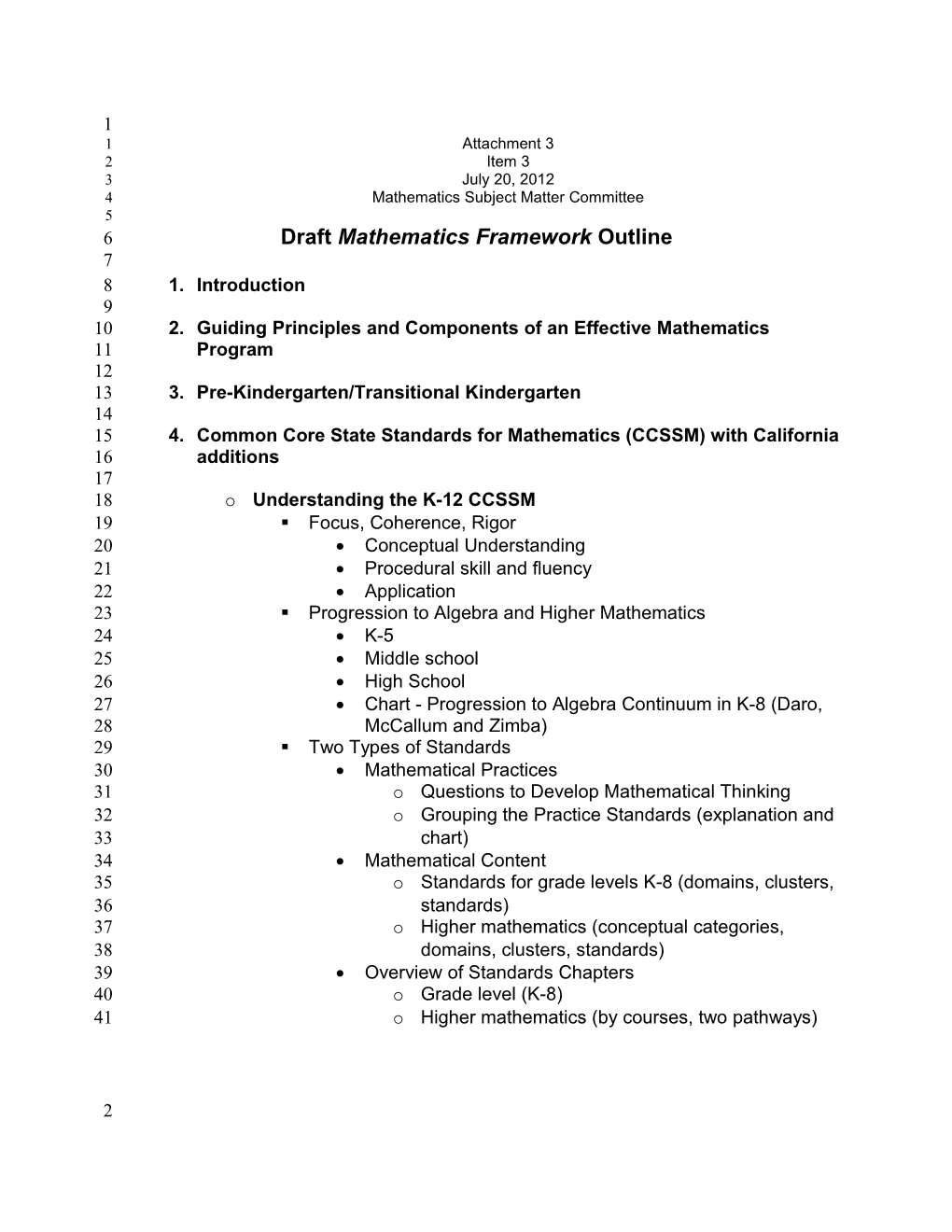 Mathematics Framework Oultine 2012 - Instructional Quality Commisison (CA Dept of Education)