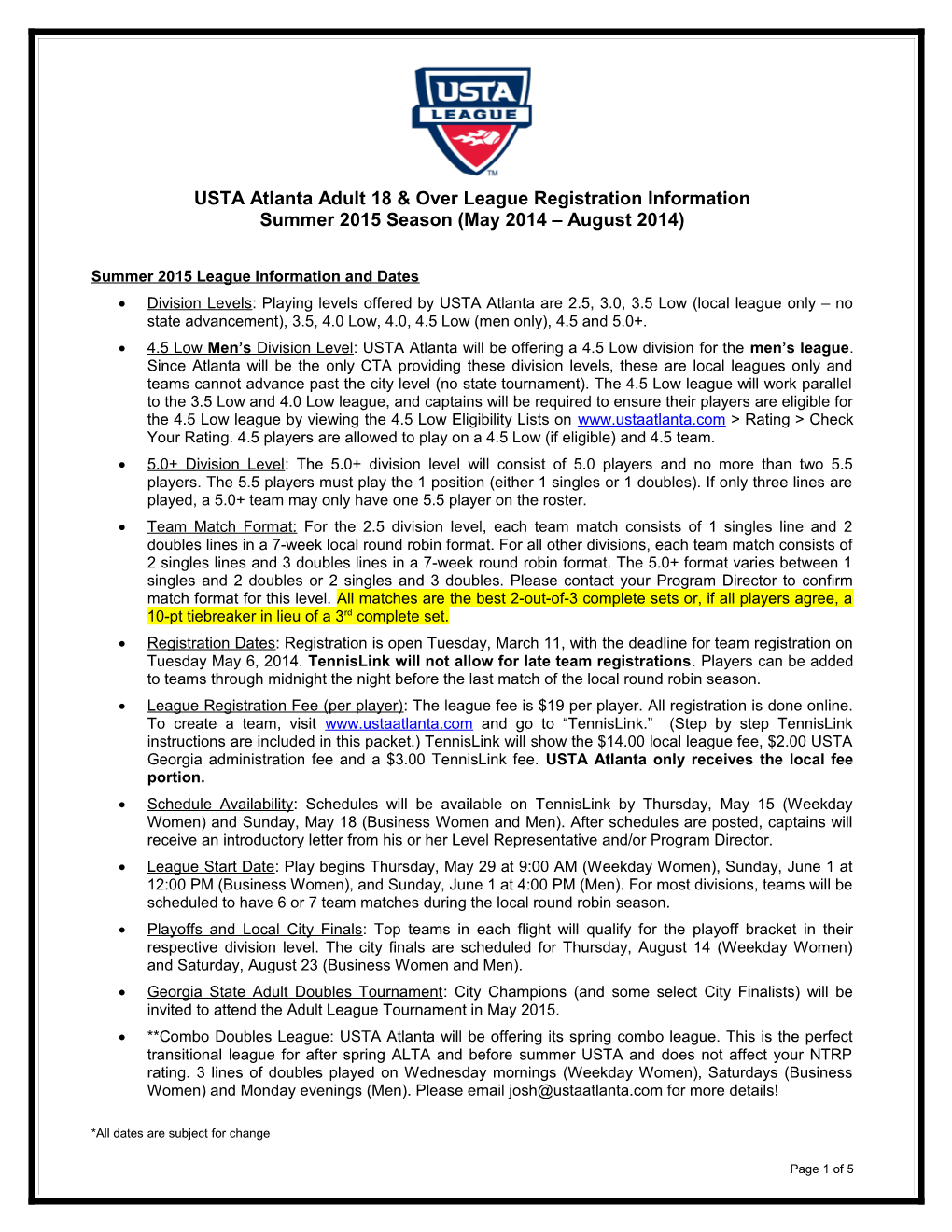 USTA Atlanta Mixed Doubles Registration Information